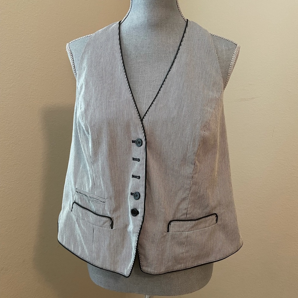 Lane Bryant Gray Pinstriped Vest with Black Piping